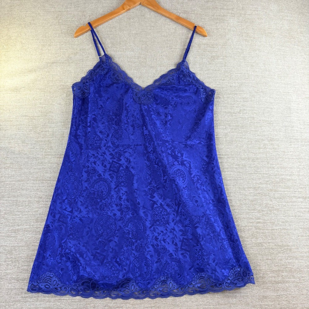1980s Victoria's Secret Vintage Gold Label Royal Blue Lace Jacquard Slip Dress M